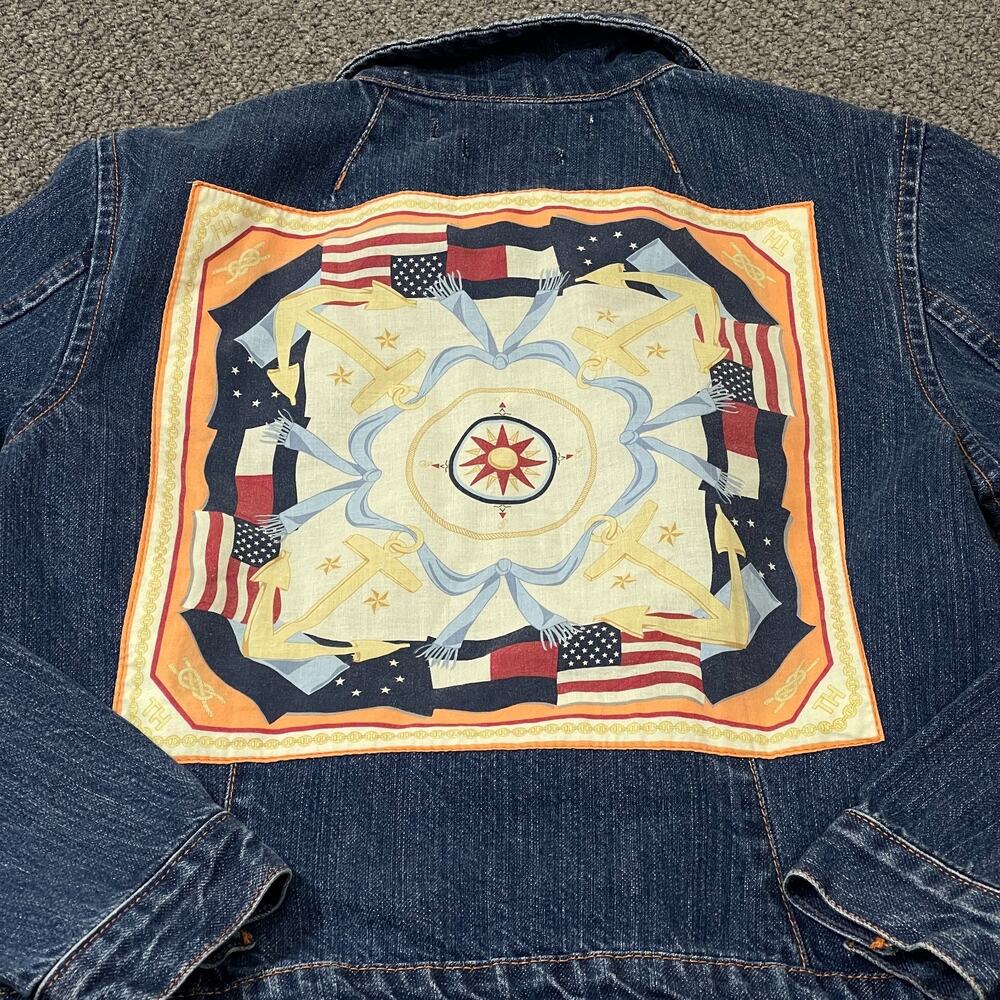 Tommy Hilfiger Jean Jacket Womens Size Small S Blue Denim Flags Anchors Nautical